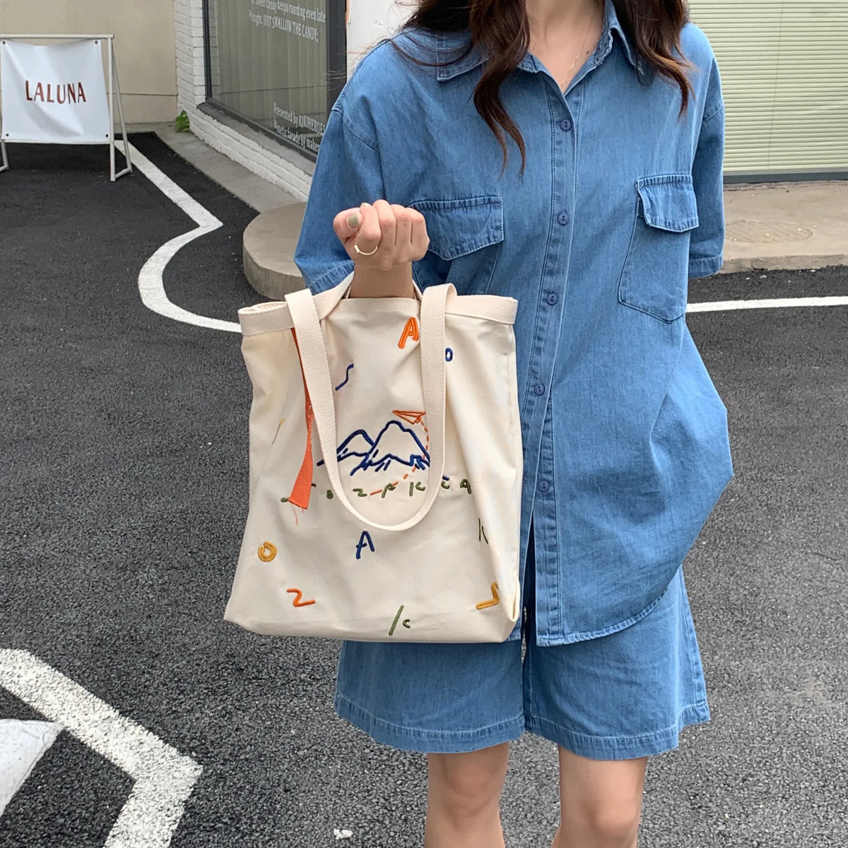 Embroidered Webbing Women Canvas Shoulder Bag Tote for Girls