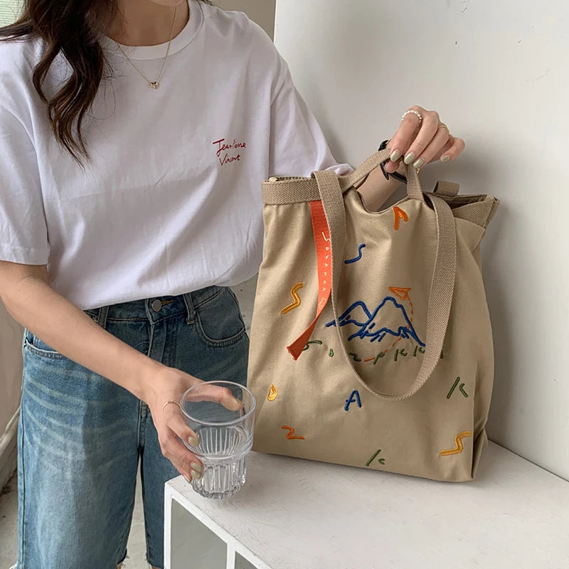 Embroidered Webbing Women Canvas Shoulder Bag Tote for Girls
