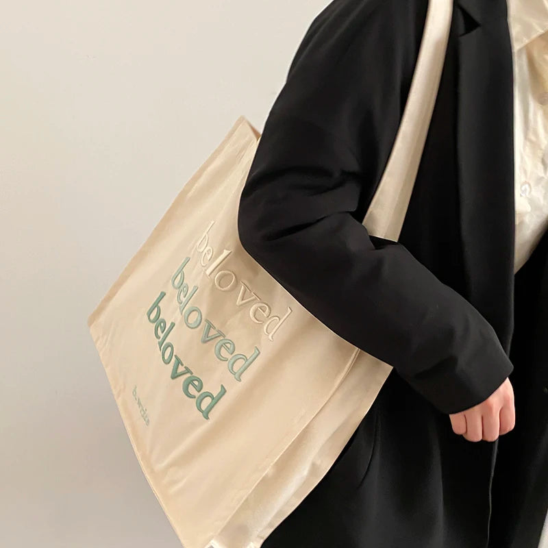 Women Canvas Shoulder Bag Embroidered Daily Shopping Tote Thick Cotton Cloth