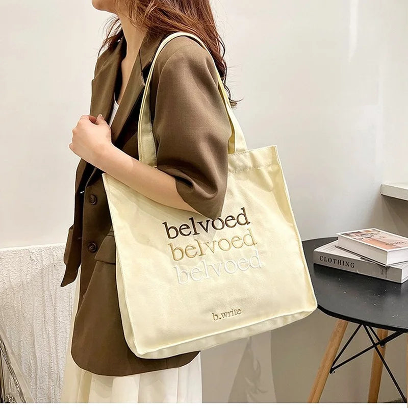 Women Canvas Shoulder Bag Embroidered Daily Shopping Bags
