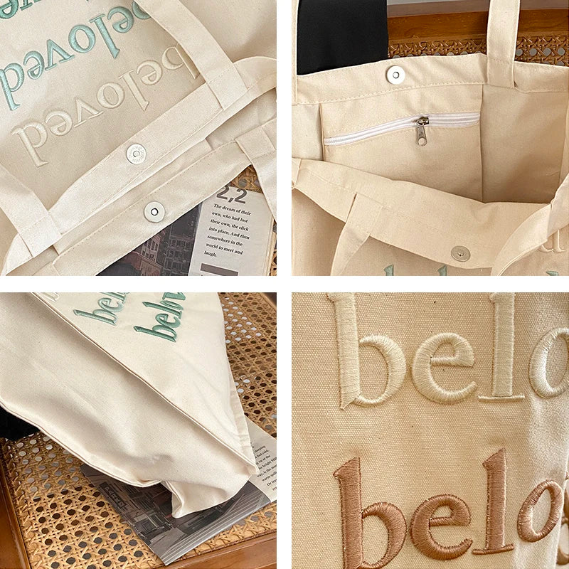 Women Canvas Shoulder Bag Embroidered Daily Shopping Tote Thick Cotton Cloth