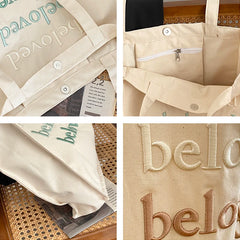 Women Canvas Shoulder Bag Embroidered Daily Shopping Tote Thick Cotton Cloth