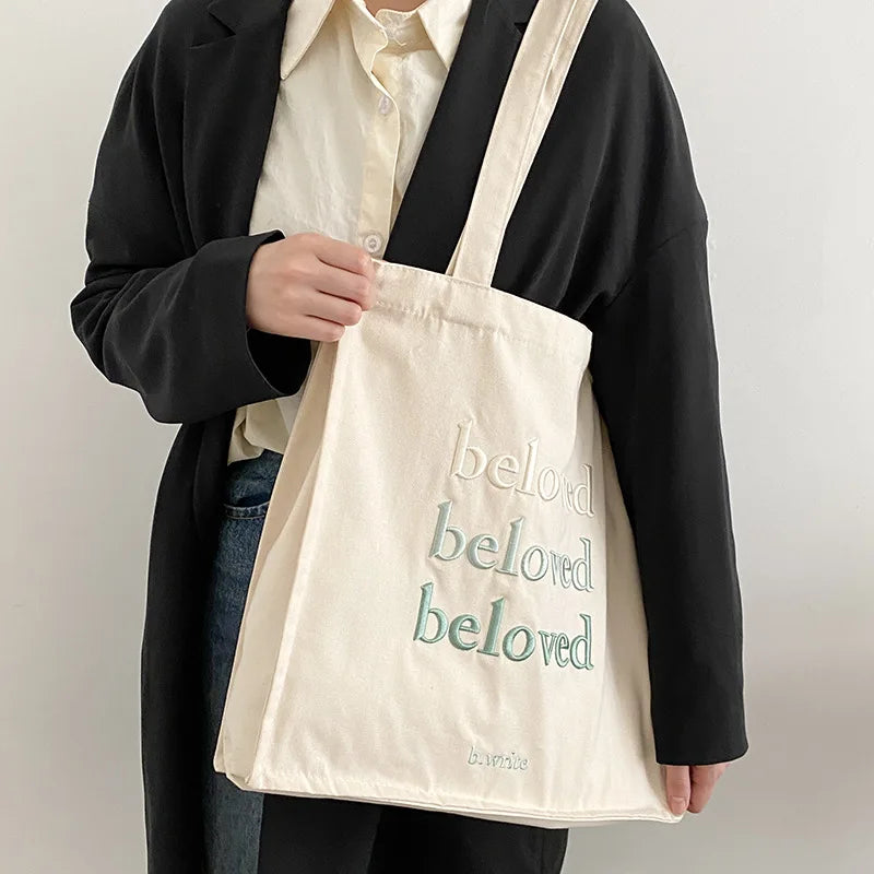 Women Canvas Shoulder Bag Embroidered Daily Shopping Tote Thick Cotton Cloth