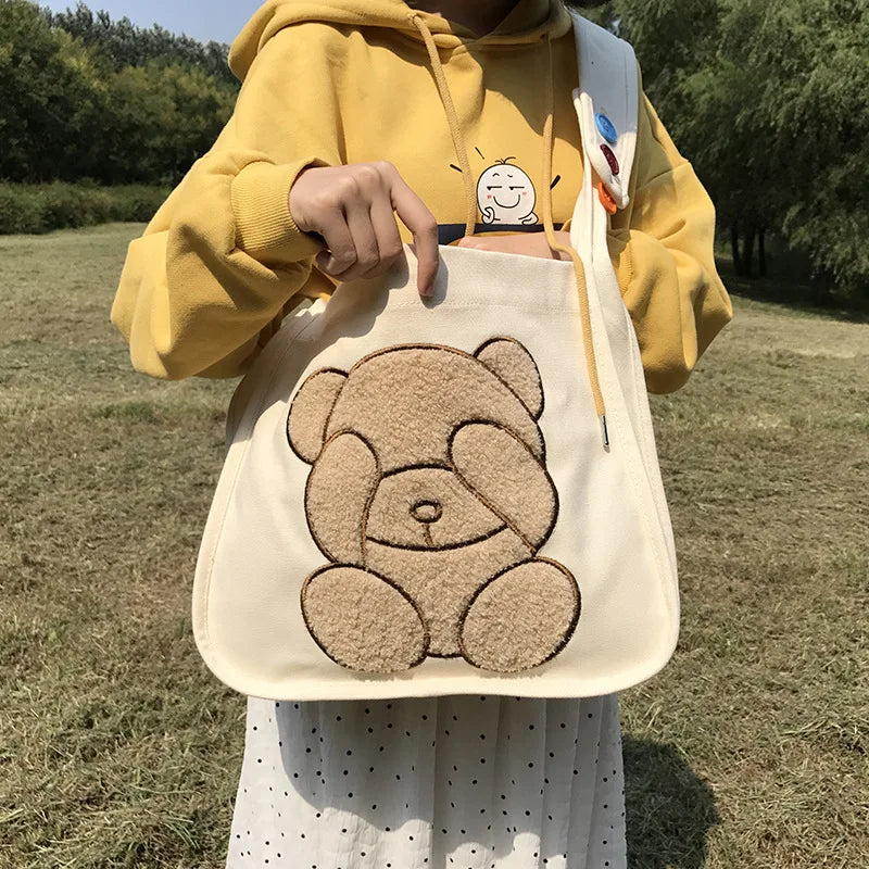 Canvas Shoulder Bag Embroidered Bear Pattern Crossbody Messenger Bag