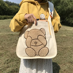 Canvas Shoulder Bag Embroidered Bear Pattern Crossbody Messenger Bag