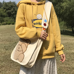 Canvas Shoulder Bag Embroidered Bear Pattern Crossbody Messenger Bag