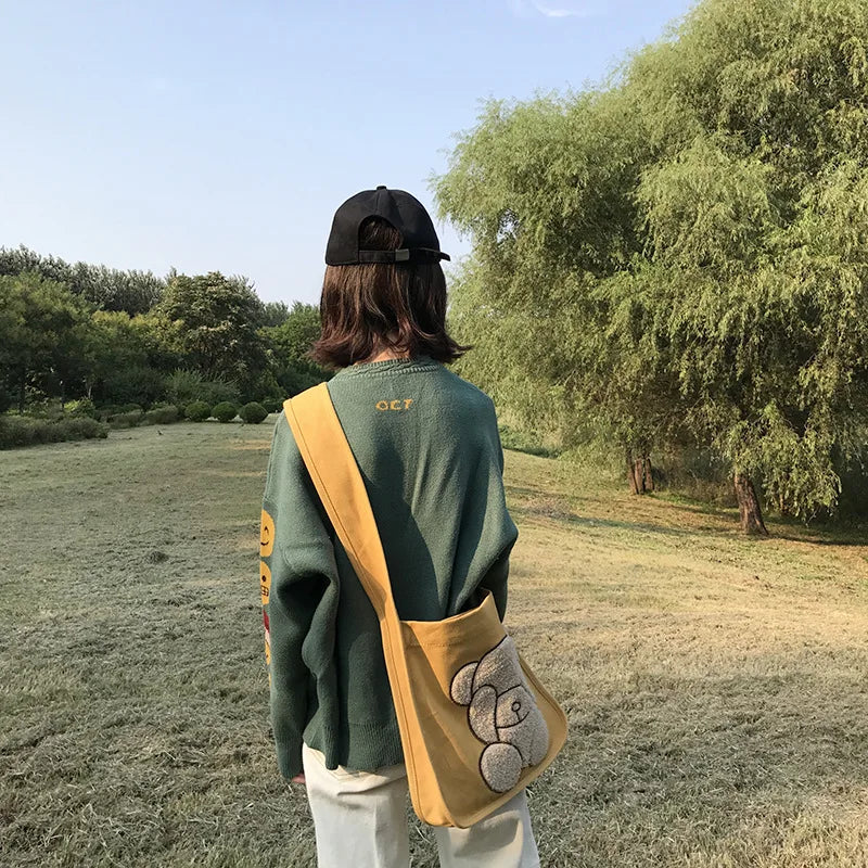 Canvas Shoulder Bag Embroidered Bear Pattern Crossbody Messenger Bag