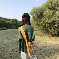 Canvas Shoulder Bag Embroidered Bear Pattern Crossbody Messenger Bag