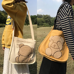 Canvas Shoulder Bag Embroidered Bear Pattern Crossbody Messenger Bag