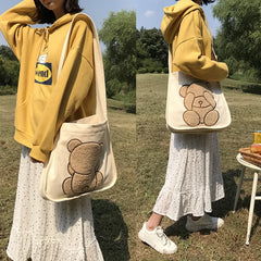 Canvas Shoulder Bag Embroidered Bear Pattern Crossbody Messenger Bag