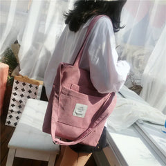 Women Canvas Shoulder Bag Corduroy Tote Crossbody Shopping Bag