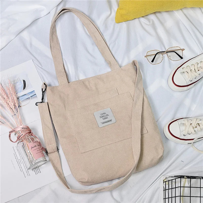 Women Canvas Shoulder Bag Corduroy Tote Crossbody Shopping Bag