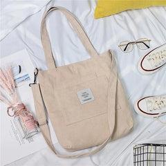 Women Canvas Shoulder Bag Corduroy Tote Crossbody Shopping Bag