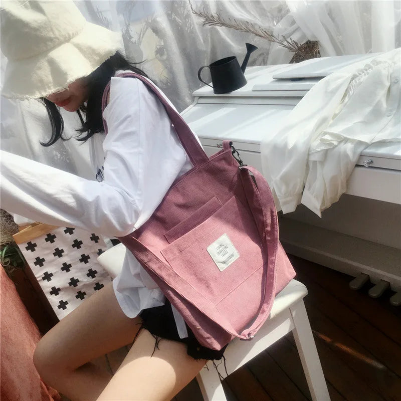 Women Canvas Shoulder Bag Corduroy Tote Crossbody Shopping Bag