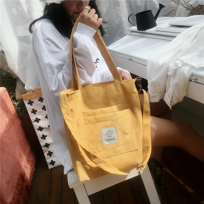 Women Canvas Shoulder Bag Corduroy Tote Crossbody Shopping Bag