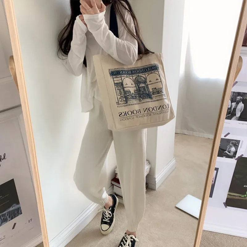London Books Print Canvas Shoulder Bag Women Casual Handbag Tote