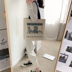 London Books Print Canvas Shoulder Bag Women Casual Handbag Tote