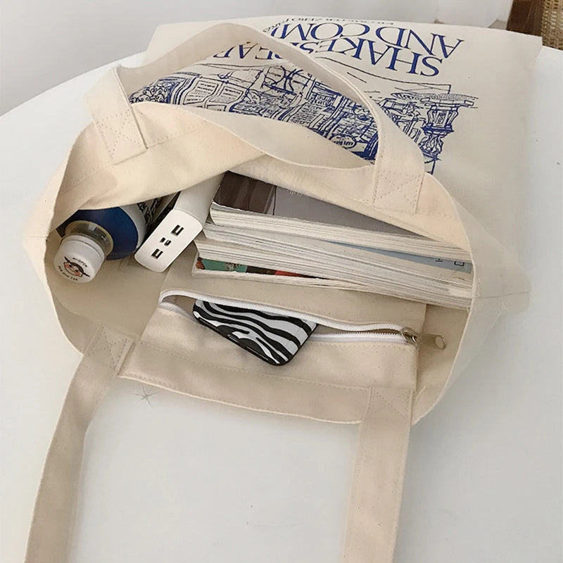Women Canvas Shoulder Bag Print Ladies Shopping Cotton Cloth