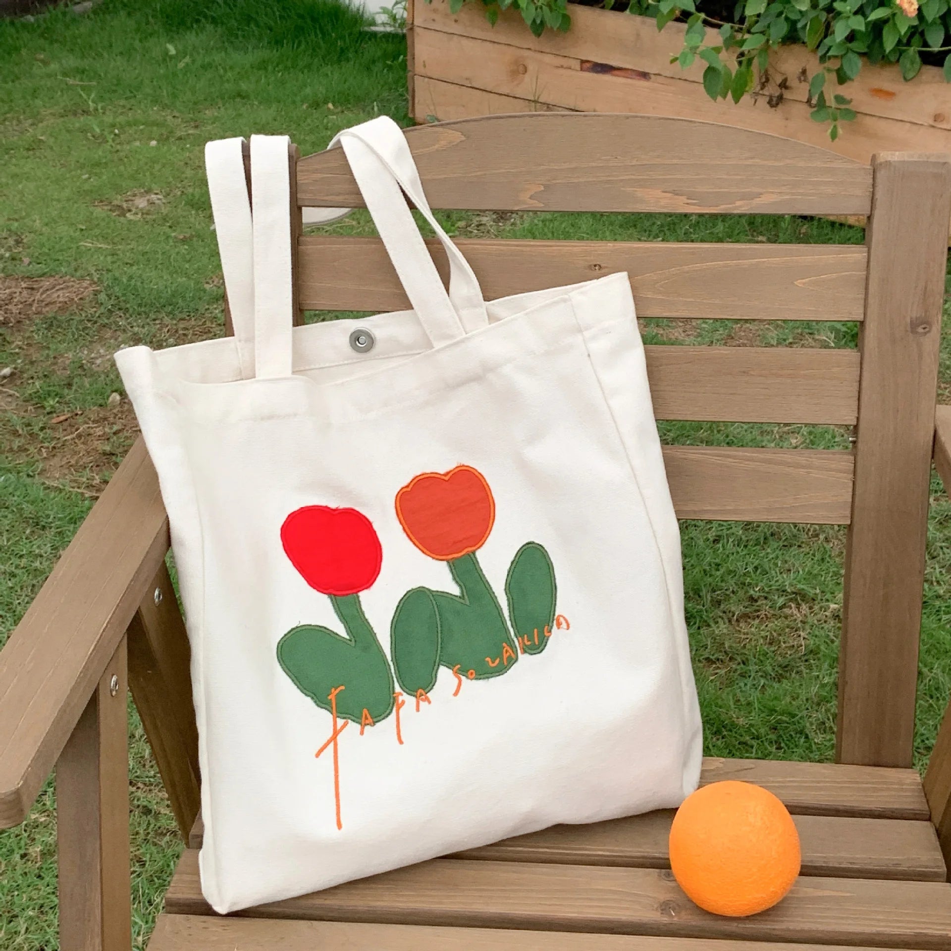 Women Canvas Shoulder Bag Tulip Embroidery Casual Handbag Tote Bag