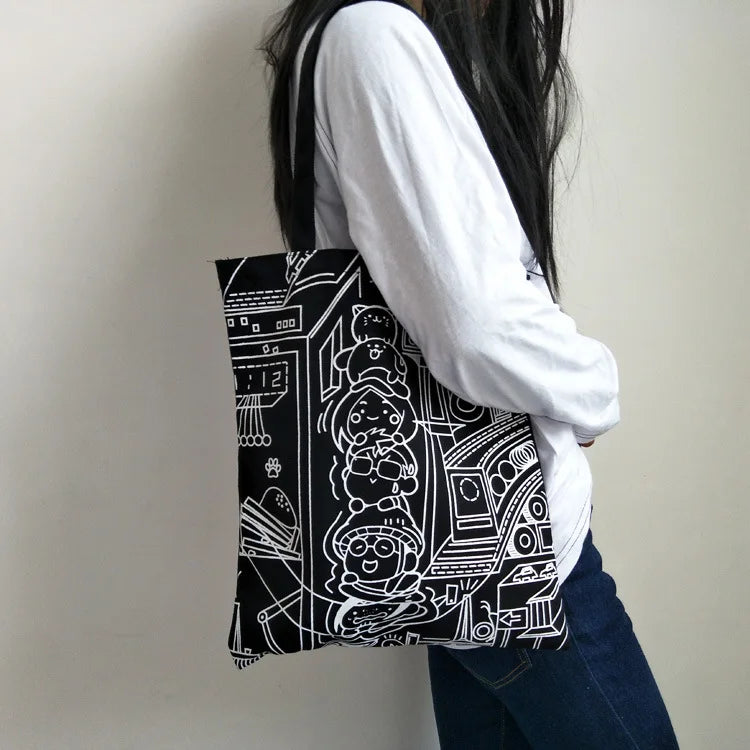 Canvas Shoulder Bags Cartoon Animal Printed Shopper Tote