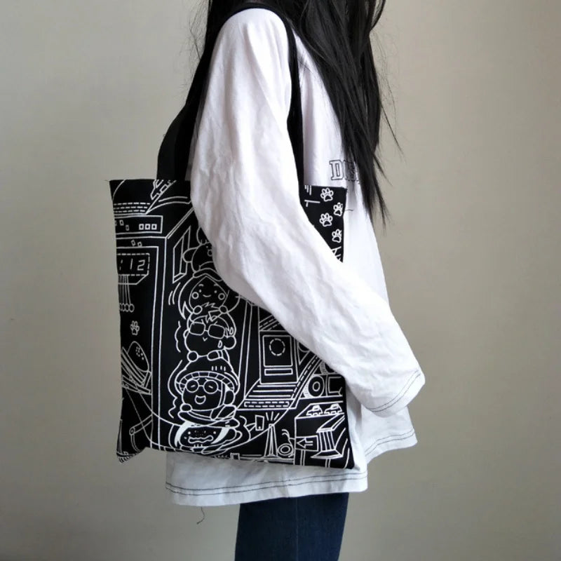 Canvas Shoulder Bags Cartoon Animal Printed Shopper Tote
