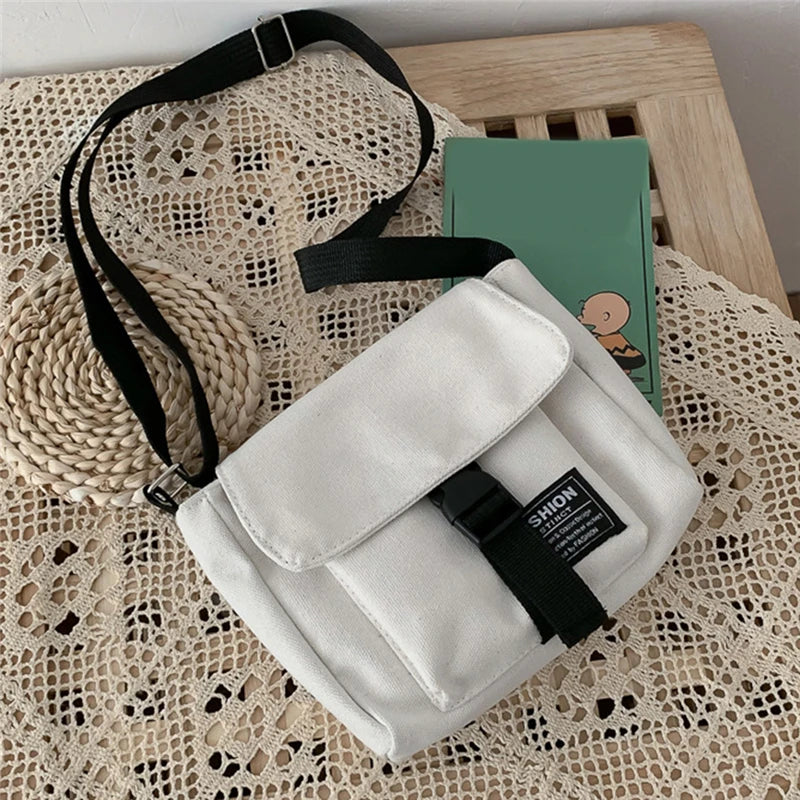 Canvas Shoulder Bag with Frog Pendant