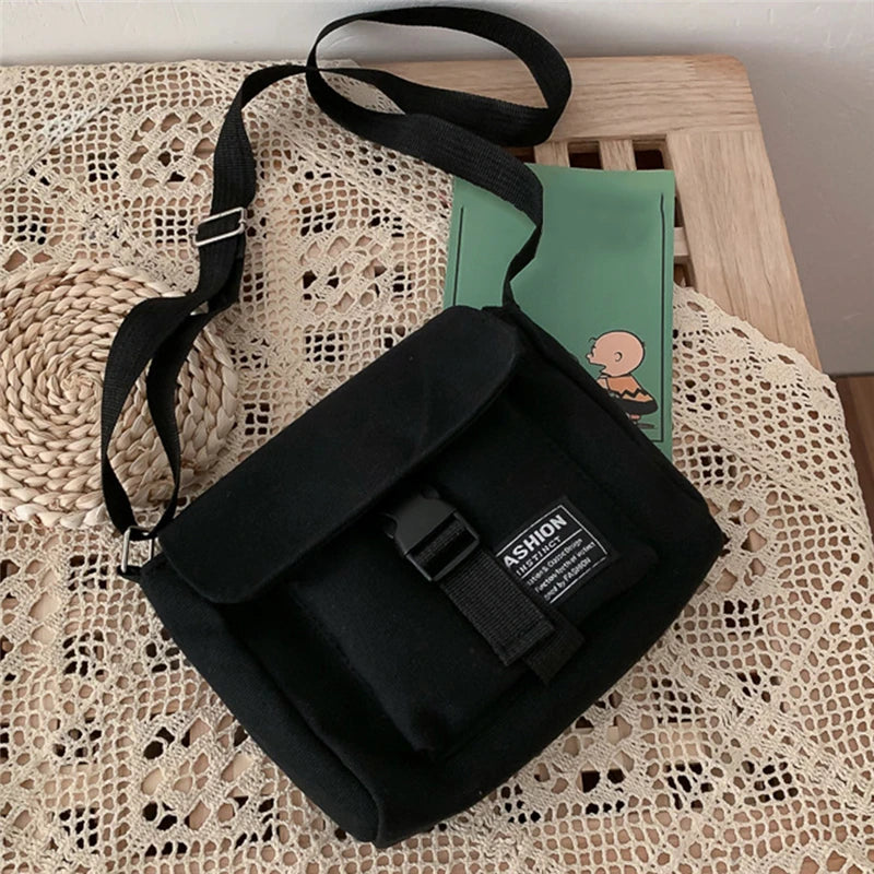 Canvas Shoulder Bag with Frog Pendant