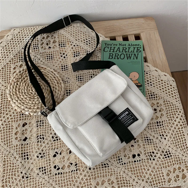 Canvas Shoulder Bag with Frog Pendant
