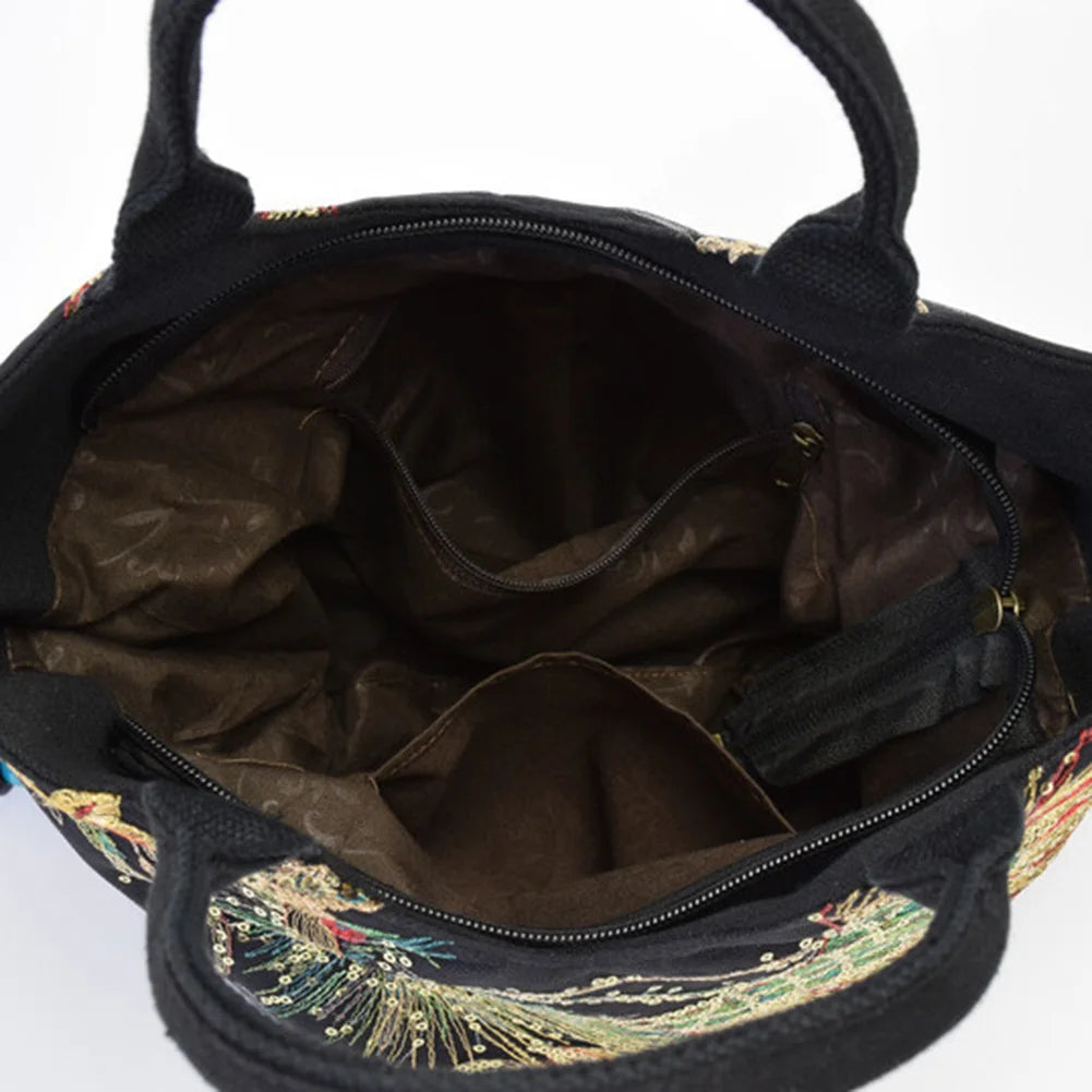 Embroidery Women Canvas Shoulder Bag Ethnic Style Handbag Retro Top-handle Tote