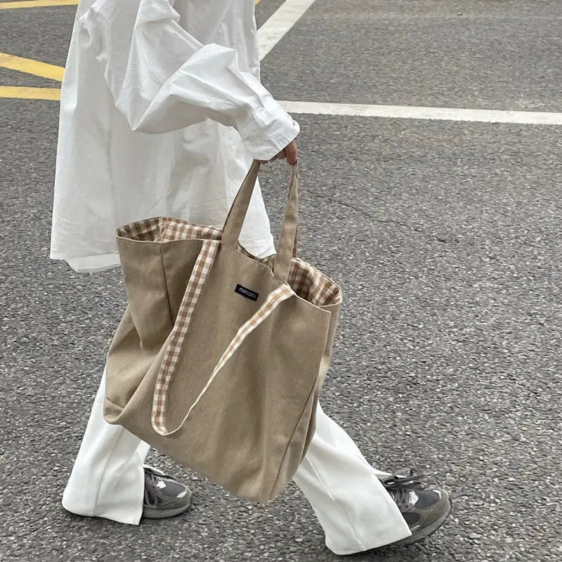 Women Canvas Shoulder Bags Plaid Large Capacity Handbags Lazy Tote Bag