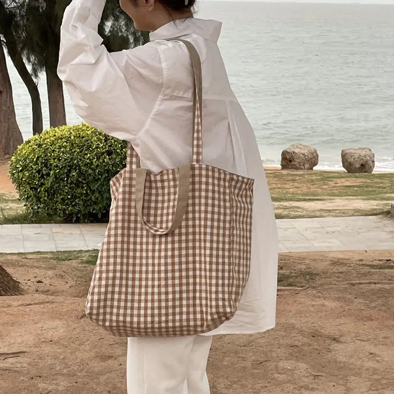 Women Canvas Shoulder Bags Plaid Large Capacity Handbags Lazy Tote Bag