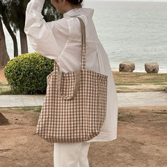 Women Canvas Shoulder Bags Plaid Large Capacity Handbags Lazy Tote Bag