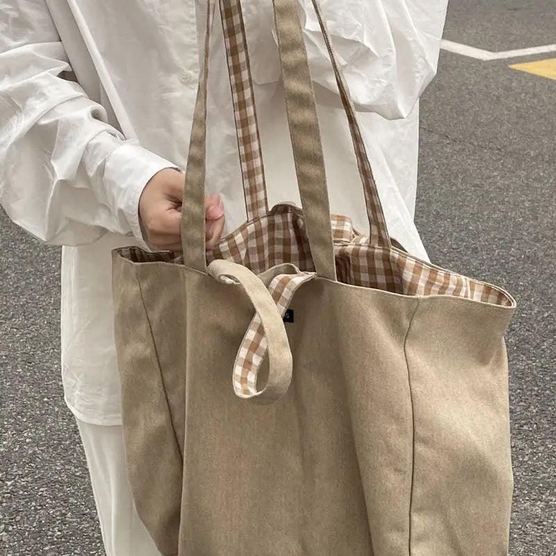 Women Canvas Shoulder Bags Plaid Large Capacity Handbags Lazy Tote Bag