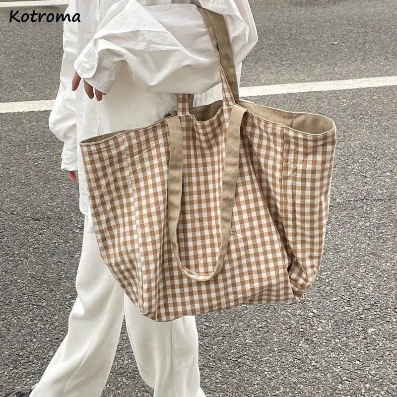 Women Canvas Shoulder Bags Plaid Large Capacity Handbags Lazy Tote Bag