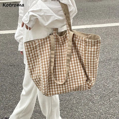 Women Canvas Shoulder Bags Plaid Large Capacity Handbags Lazy Tote Bag