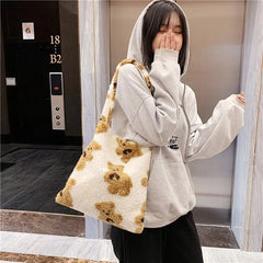 Fluffy Bear Shoulder Tote Bag Canvas Handbags Soft Shopping Girls School B