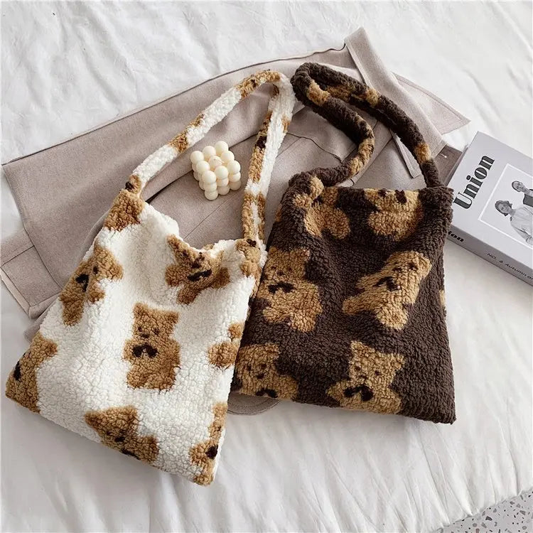 Fluffy Bear Shoulder Tote Bag Canvas Handbags Soft Shopping Girls School B