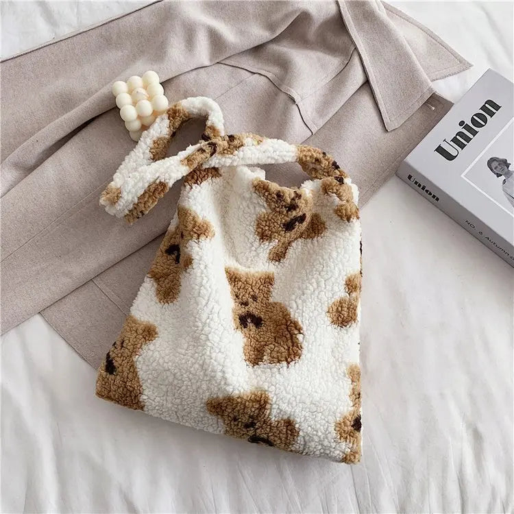 Fluffy Bear Shoulder Tote Bag Canvas Handbags Soft Shopping Girls School B