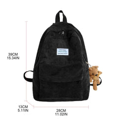 Women Corduroy Backpack with Pendant School Bag Travel College Daypack