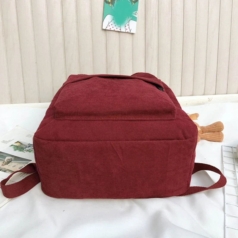 Women Corduroy Backpack with Pendant School Bag Travel College Daypack