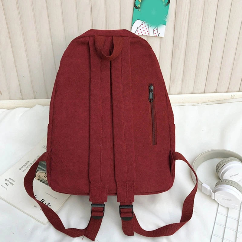 Women Corduroy Backpack with Pendant School Bag Travel College Daypack