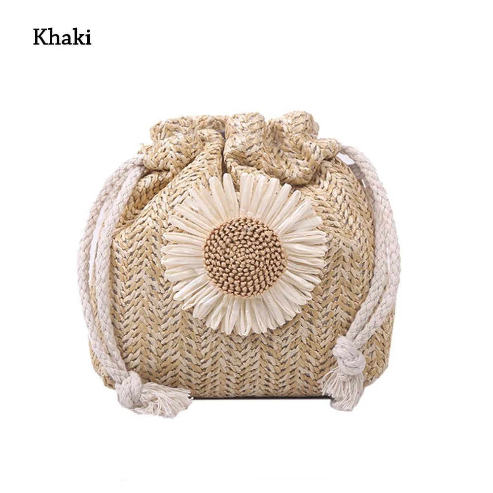 Women Casual Straw Beach Bag Sunflower Drawstring Woven Bucket Bag