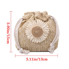 Women Casual Straw Beach Bag Sunflower Drawstring Woven Bucket Bag