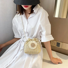 Women Casual Straw Beach Bag Sunflower Drawstring Woven Bucket Bag