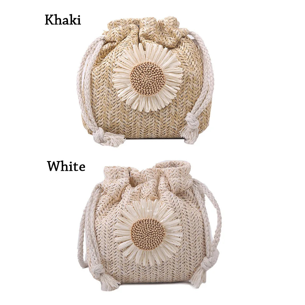 Women Casual Straw Beach Bag Sunflower Drawstring Woven Bucket Bag
