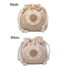 Women Casual Straw Beach Bag Sunflower Drawstring Woven Bucket Bag