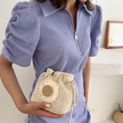 Women Casual Straw Beach Bag Sunflower Drawstring Woven Bucket Bag