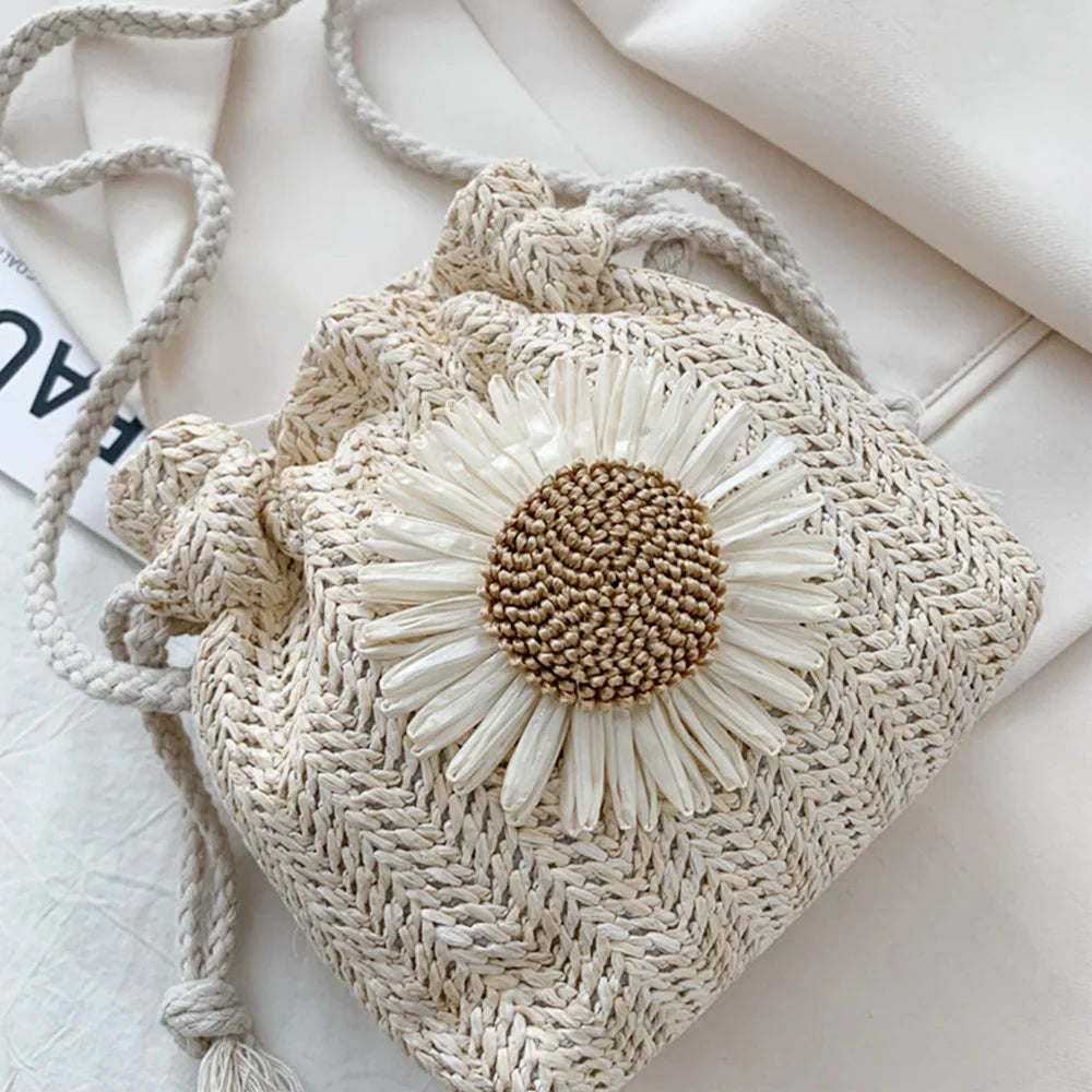 Women Casual Straw Beach Bag Sunflower Drawstring Woven Bucket Bag