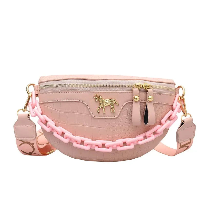 Women Casual Waist Bag Pu Leather Zipper Pouch High Wide Strap Crossbody Bags