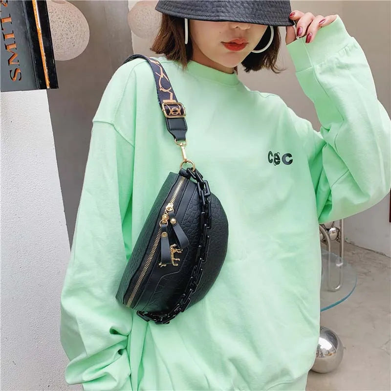 Women Casual Waist Bag Pu Leather Zipper Pouch High Wide Strap Crossbody Bags